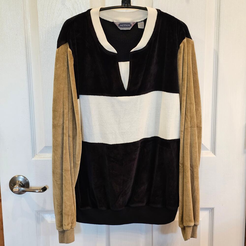 Vintage Action 1980s V-Neck Striped Velour Sweater Ribbed Cuffs Black/Tan Sz XL